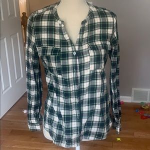 Olive oak military collarless plaid button down